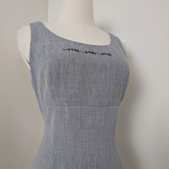 90s Mini Dress Grey Suzy Petites Pencil Embroidery Scoop High Neckline Slit - Picture 6 of 12